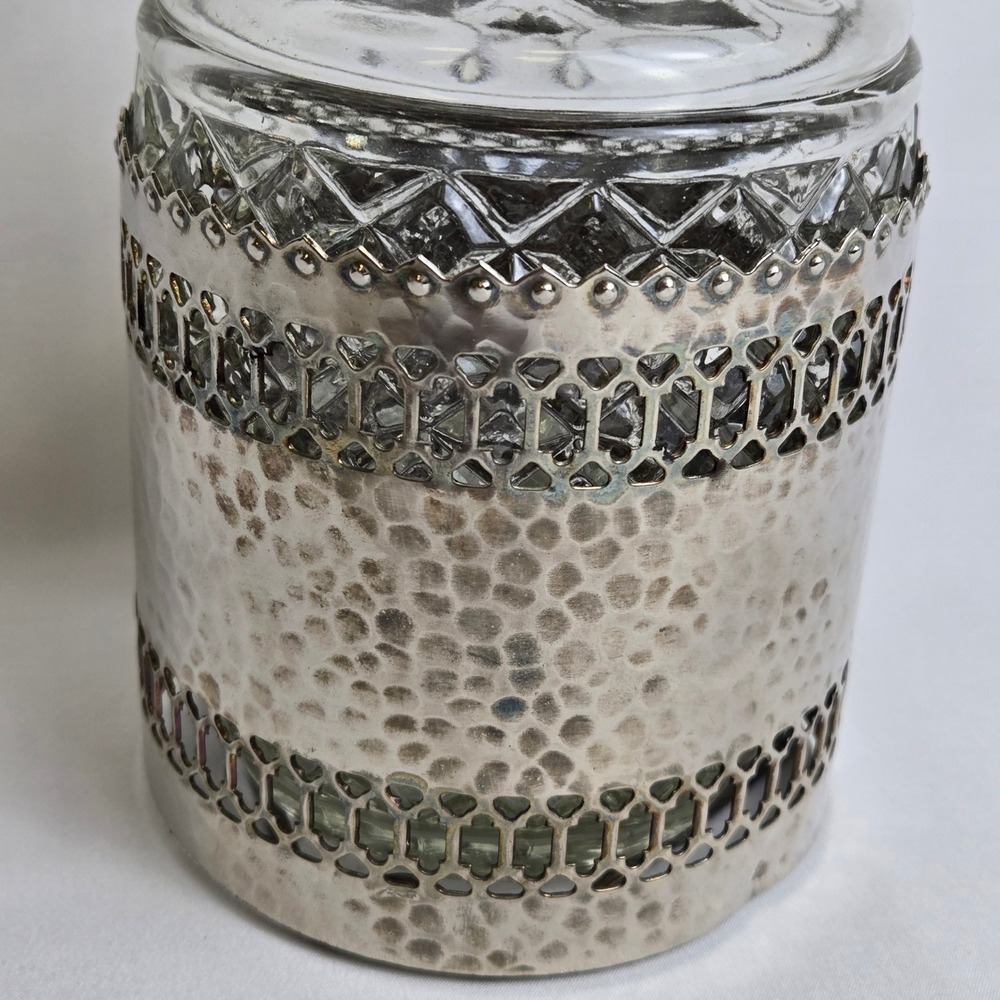 Glass Liquor Decanter, Decorative Silver Tone Hammered Metal Caddy 11" Vintage - Picture 12 of 16